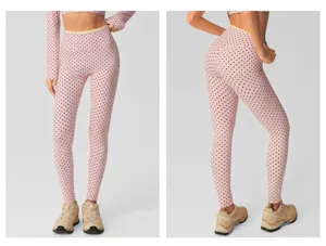 Roze polkadot yogallegging met hoge taille voor dames, ademende fitnessbroek voor sport.