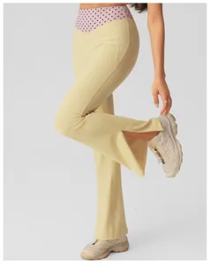 High-waist split flare yoga pants featuring a polka dot waistband and comfortable breathable fabric.