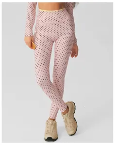 Roze stippen dames yoga leggings en lange mouwen top set voor fitness en hardlopen.