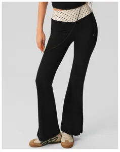 Women's high waist flare yoga pants with polka dot waistband stylish black casual trousers
