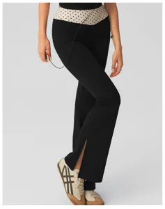 High waist split flared yoga pants for women, black casual trousers with polka dot waist.