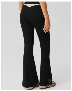 Women high waist split flared trousers with polka dot waistband detail black casual yoga pants