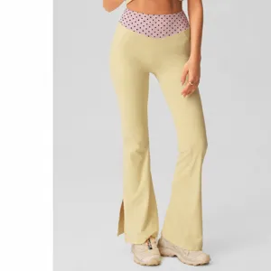 Women High Waist Polka Dot Patchwork Yoga Flare Pants Nude Feel Tummy Control Slimming Sports Leggings With Slit Hem Casual Athletic Trousers