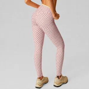 Dames roze gestipte yoga legging hoge taille fitness sport hardloopbroek achterkant