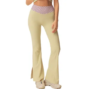 High waist polka dot split hem flare yoga pants comfortable nude feel workout trousers
