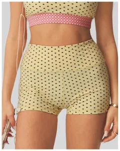 Hoge taille polka dot sportshort met roze geruite band, ademende fitness sportkleding.