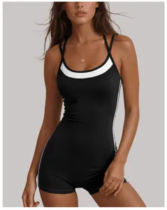 Women contrast trim athletic yoga jumpsuit slim fit fitness sports romper shorts activewear