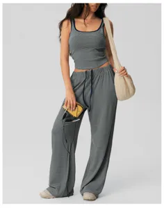 Conjunto casual de dos piezas a rayas para mujer top corto y pantalón ancho deportivo