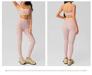 Pink polka dot yoga set sports bra and high waist leggings fitness activewear outfit