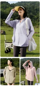 Vista dettagliata della felpa con cappuccio anti-UV leggera da donna, ideale per attività all'aperto.
