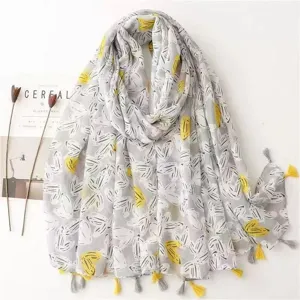 Elegant grey floral print women's shawl scarf with yellow tassels for daily wear and travel.