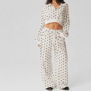 Dames Polka Dot Lounge Set Casual Sportief Opstaande Kraag Rits Top En Bottom Hoge Taille Wijde Pijpen Broek Bedrukte French Terry Trainingspak