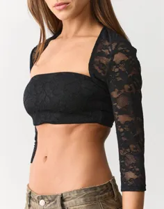 Black lace floral crop top and long sleeve shrug detail view, stylish women apparel.