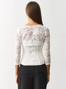 Women white floral lace long sleeve bolero crop top elegant casual slim fit blouse new