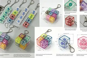 Detailed view of colorful luminous mechanical switch keychain, acrylic decompression toy parts.