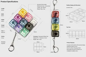 Colorful glowing fidget toy keyboard switch keychain with colorful translucent blocks design.