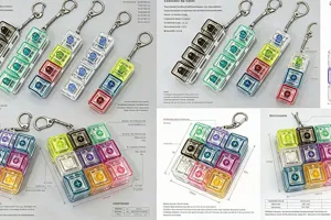 Transparent mechanical keyboard switch fidget keychain with colorful LED lights for stress relief.