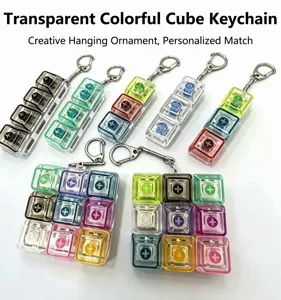Transparent colorful square fidget keychain, mechanical switch toy pendant for keys and bags.