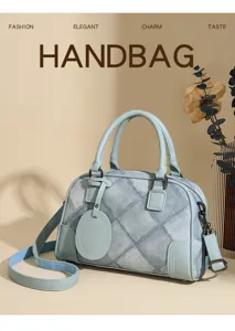Denim patchwork handbag, stylish Boston shoulder bag for women, casual commuting daily use.