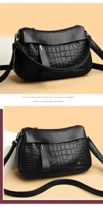 Women black leather hobo shoulder bag casual crossbody purse with alligator pattern texture