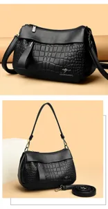 Black leather shoulder bag with crocodile embossed texture, versatile crossbody bag for women.
