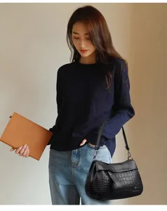 Women black shoulder bag PU leather crocodile pattern casual crossbody bag chic daily purse handbag