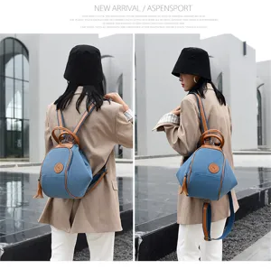 Canvas multifunctional backpack for women, stylish blue and brown daily travel shoulder bag.