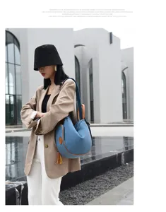 Stylish women blue canvas shoulder bag with brown leather trim and tassel for daily travel use.
