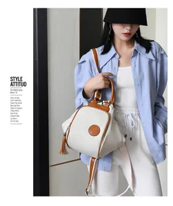 Fashion canvas women backpack with brown leather trim, multi-functional casual travel bag.