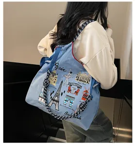 Detailed view of women's nylon embroidered shopping tote bag, casual lightweight shoulder bag.