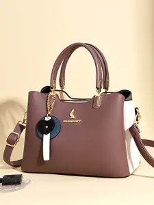 Women PU Leather Top Handle Bag Fashion Color Block Satchel Bag Casual Commuter Tote Bag With Heart Pendant