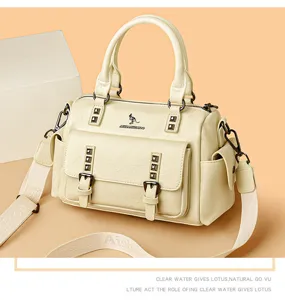 Vintage off-white women leather handbag with multi pockets and metal rivets for daily use