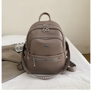 Women brown leather backpack daily casual travel bag multi pocket lightweight daypack