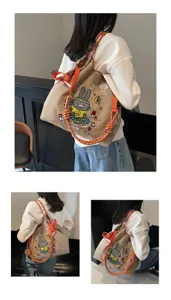 Detail shot of the Japanese style cute cartoon rabbit embroidery khaki drawstring canvas tote bag.