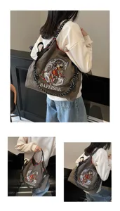 Large capacity embroidered canvas tote bag casual commuter shoulder bag for women daily use