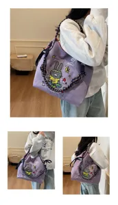 Purple canvas tote bag large capacity cute cartoon rabbit embroidery shoulder handbag chic