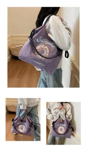 Nylon embroidered tote bag for women, casual Japanese style shoulder bag with thick handles.