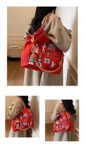 Stylish women large capacity embroidered canvas shoulder bag casual travel tote handbag