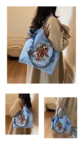 Casual canvas tote bag with stylish lion embroidery, large capacity shoulder bag for women.