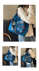 Embroidered canvas shoulder bag detail showing Paris theme pattern and large capacity design.