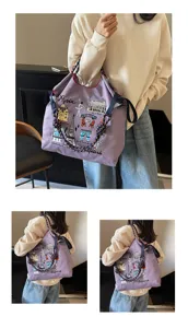 Women large capacity canvas shoulder bag casual embroidered tote backpack for daily use.