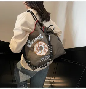 Japanese embroidery nylon women tote bag casual drawstring shoulder bag large capacity daily use