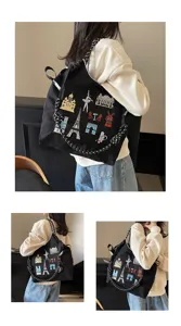 Black nylon canvas tote bag with Paris embroidery, large capacity casual shoulder bag for women.