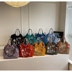 Large capacity nylon canvas tote bag with Paris embroidery, lightweight shoulder and crossb