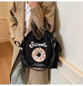 Japanese Embroidered Nylon Tote Bag Minimalist Casual Large Shoulder Bag for Women