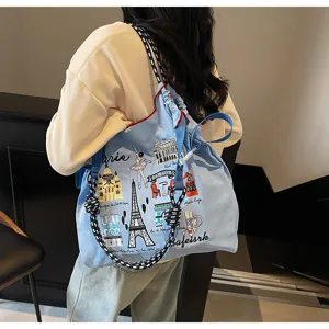 Paris theme embroidered canvas shoulder bag casual large capacity tote backpack for women