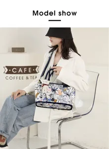 Detailed view of large capacity diaper bag with tropical print, tote and crossbody design.