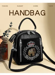 Black leather backpack handbag with rhinestone crown elephant design casual daily use.