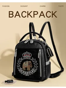 Stylish black leather backpack with rhinestone elephant decor, chic multi-pocket casual daily bag.