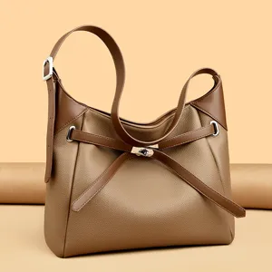 Brown leather shoulder bag for women, large capacity hobo tote bag for daily commuting and office.